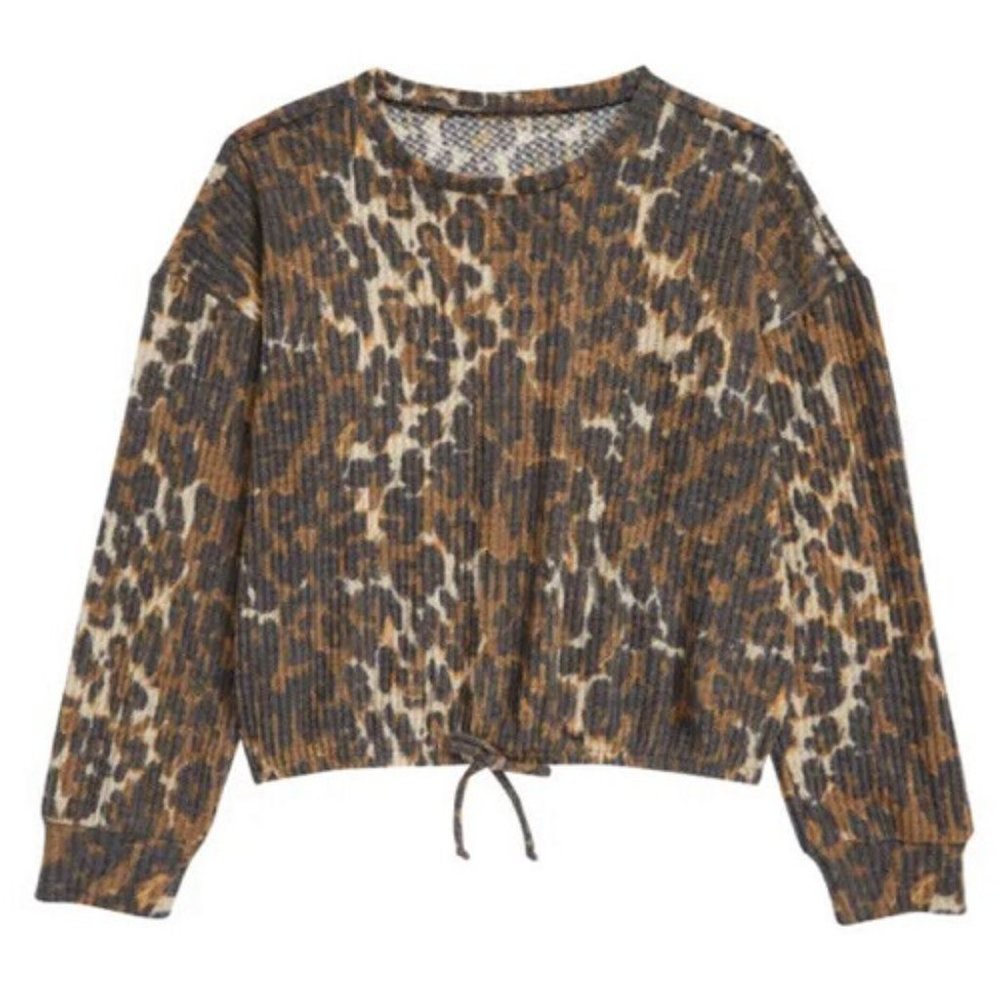 Treasure & Bond Kids Cozy Waffle Knit Top Dachshund Leopard Brown XL (14/16) NWT